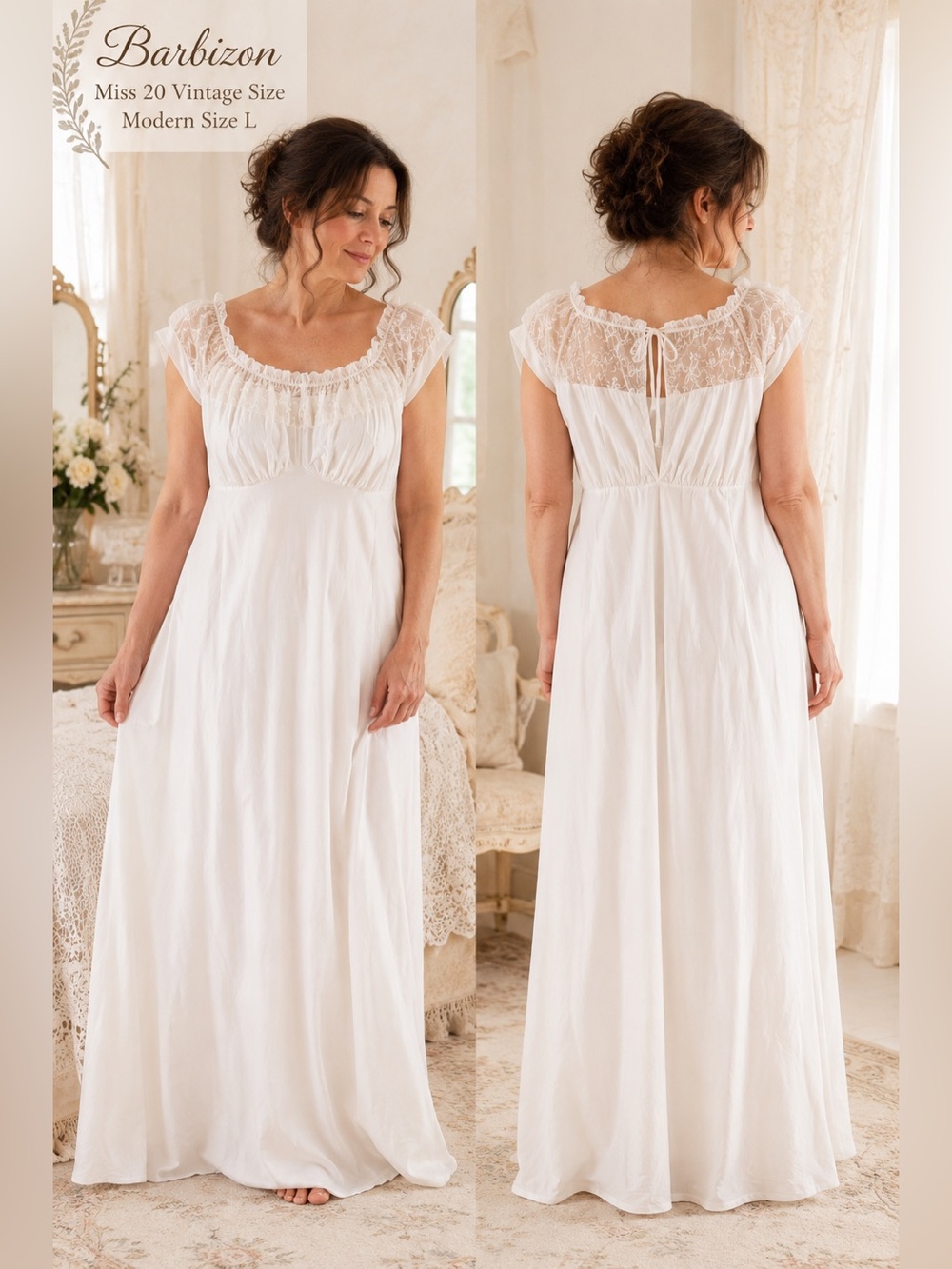 Barbizon nightgown Womens vintage sz Miss 20 modern LG Off White Lace Maxi prair